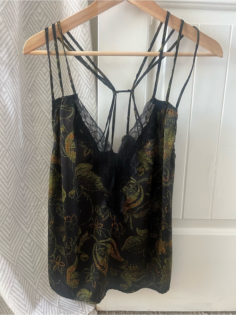 Free People Black Lace Trim Floral-Print Multi-Strap Camisole Brocade Large